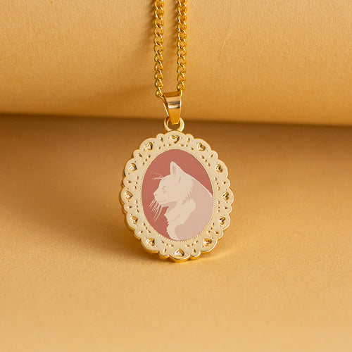 Cameo Cat Enamel Necklace - Pink and Gold