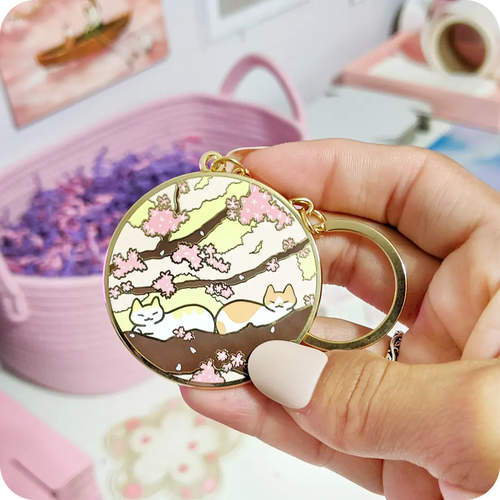 Cats in a Cherry Blossom Tree Keychain